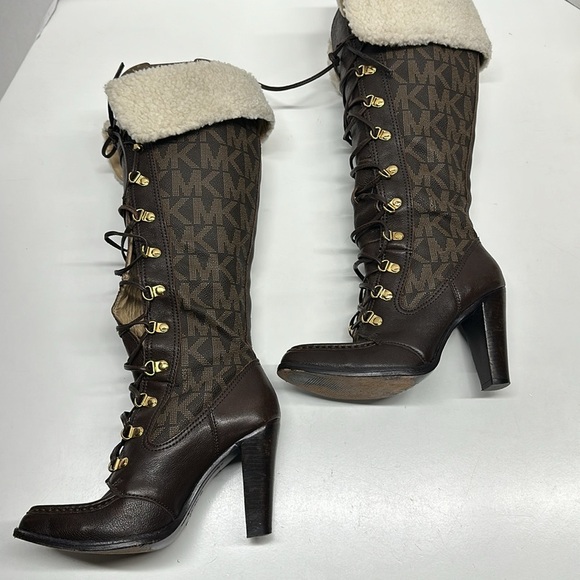 Michael Kors Warrior Lace Up High Heels Leather Tall Boots Sherpa Brown Size 6.5 - Picture 3 of 12